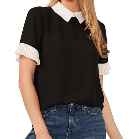CeCe Point Collar Pleat Short Sleeve Color Block Blouse Size XS NWT'S - Picture 3 of 11